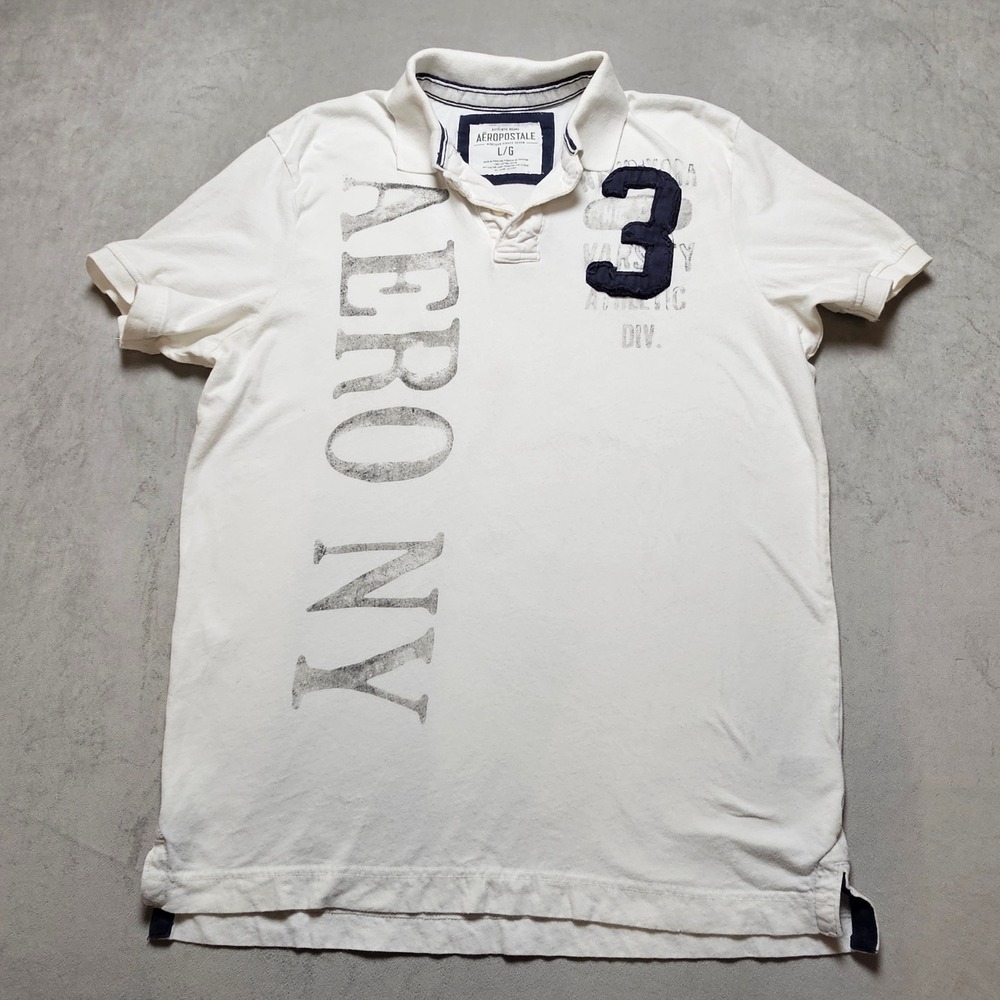 Aeropostale Mens White Varsity Graphic Polo Shirt Large Aero NY Navy 3 Logo